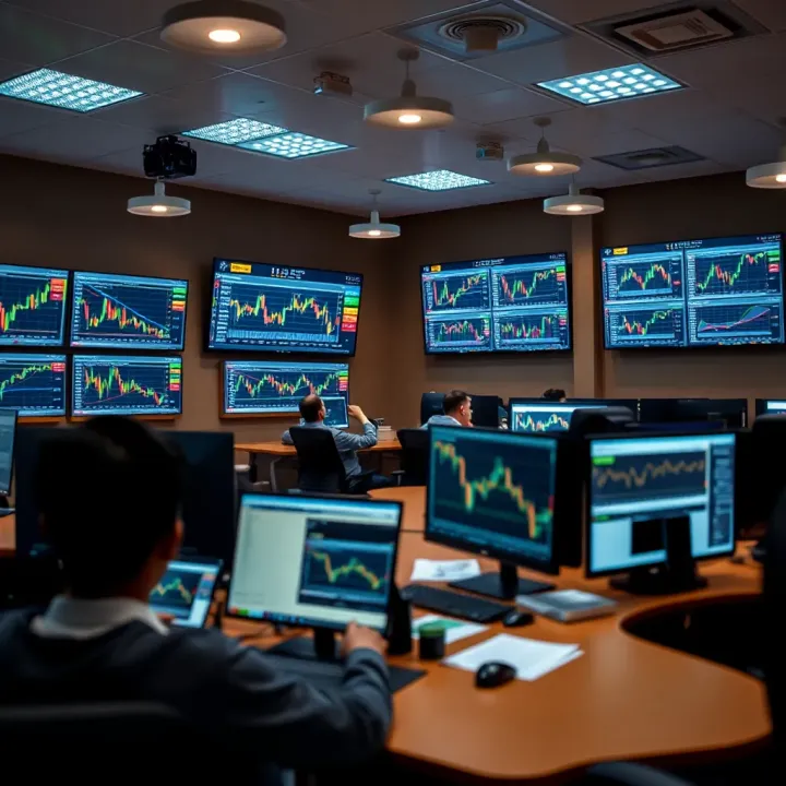 A modern classroom setting with multiple computer screens displaying forex charts and graphs