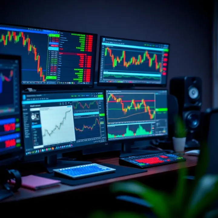 Trading workstation showing multiple screens with market analysis tools and forex graphs