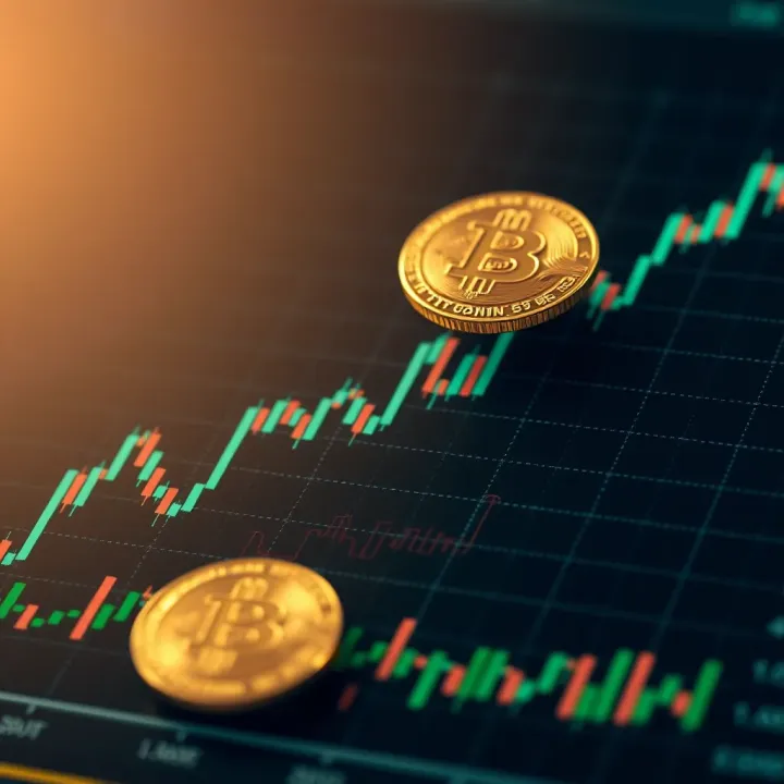 Digital representation of cryptocurrency symbols hovering over a financial chart with upward trends