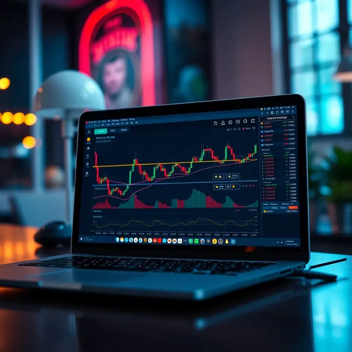 Laptop screen displaying a crypto trading platform interface with charts and market data tailored for Pakistani users