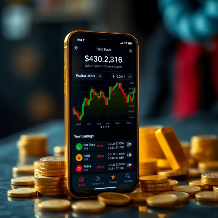 Mobile phone screen displaying a gold trading app interface with market charts and trading options