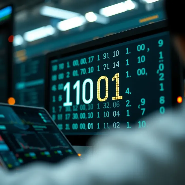 Illustration depicting binary code displayed on a digital screen representing computing applications