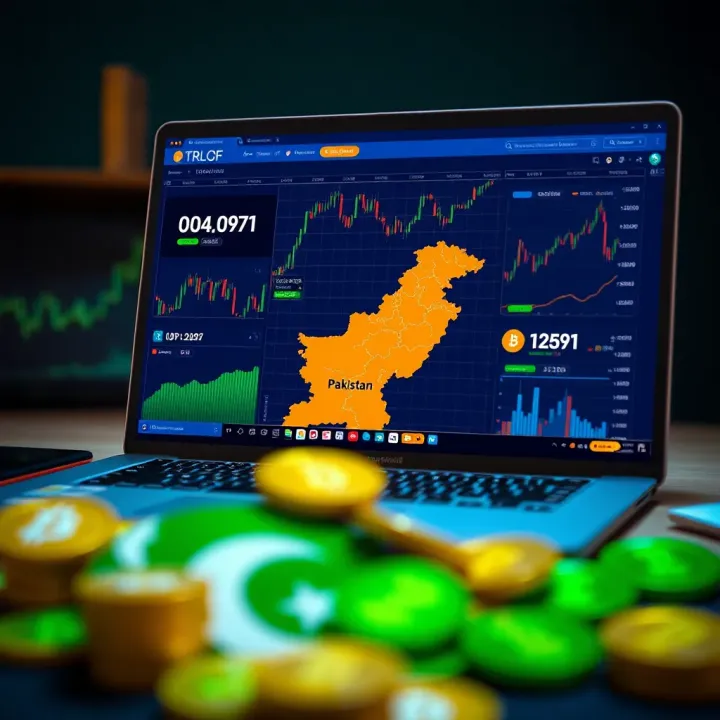 Illustration showing a laptop screen displaying various cryptocurrency charts and a map highlighting Pakistan