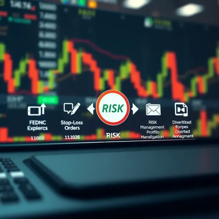 Graphic showing risk management tools including stop-loss orders and diversified portfolio icons