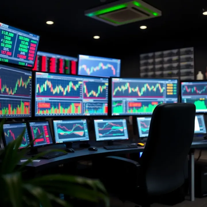 Forex Trading Setup with Currency Charts Illustration of a forex trading setup featuring computer screens with currency charts and graphs