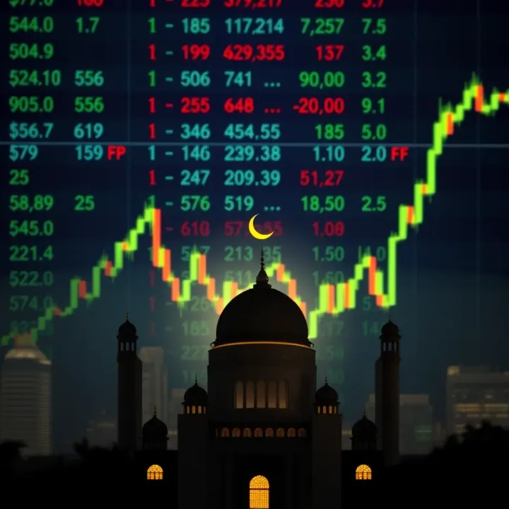 Abstract representation of forex market with currency symbols and Islamic mosque silhouette