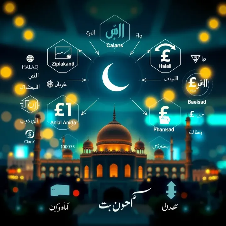 Islamic finance symbols with currency exchange icons illustrating halal forex trading principles