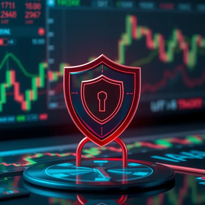 Security shield icon integrated with financial graphs symbolizing secure online trading