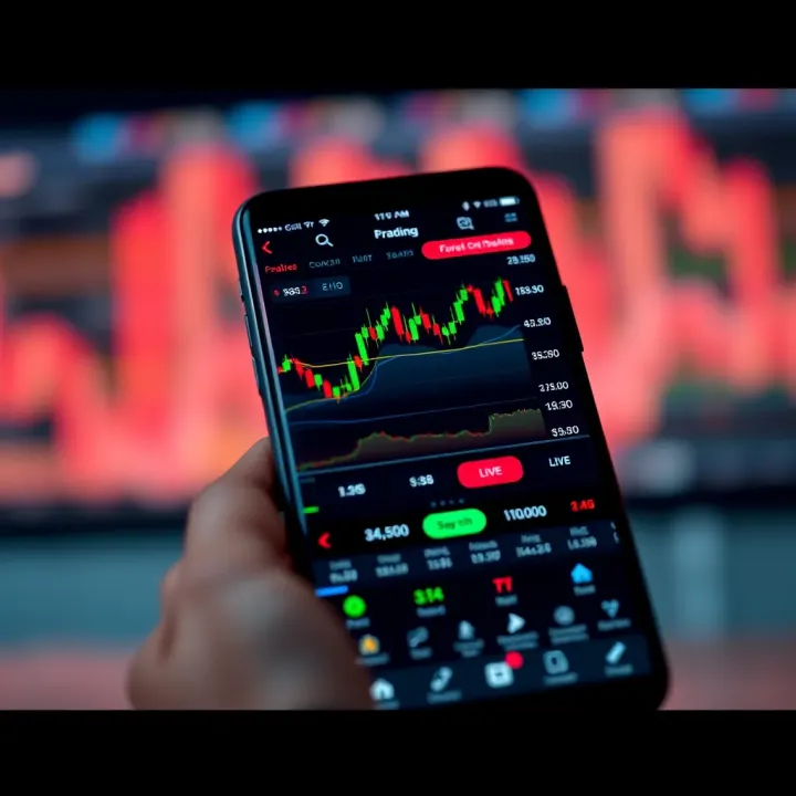 Mobile phone displaying forex trading charts and currency pairs on a sleek trading app interface