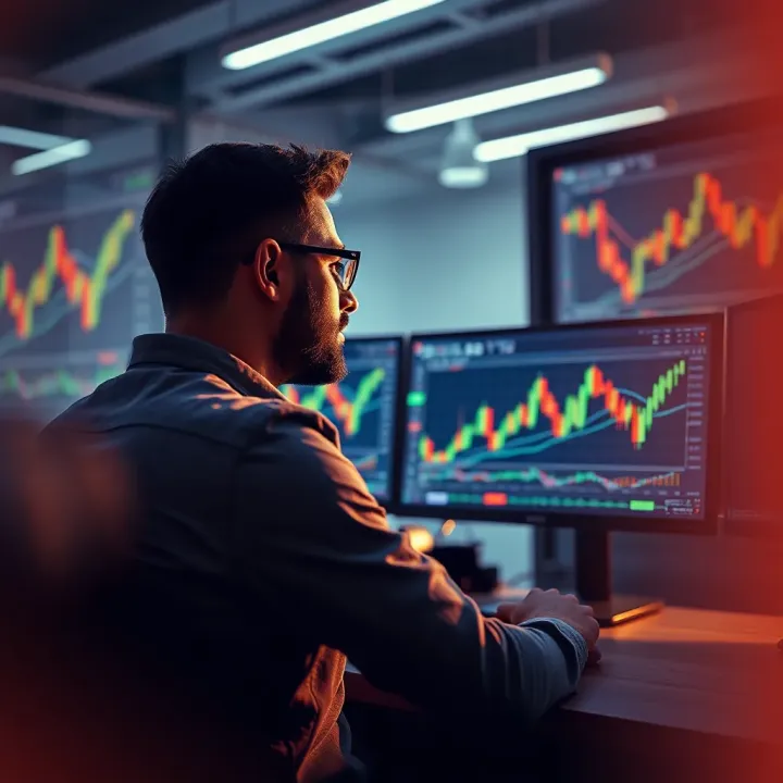 Illustration of a trader analyzing charts on dual monitors with virtual trading data