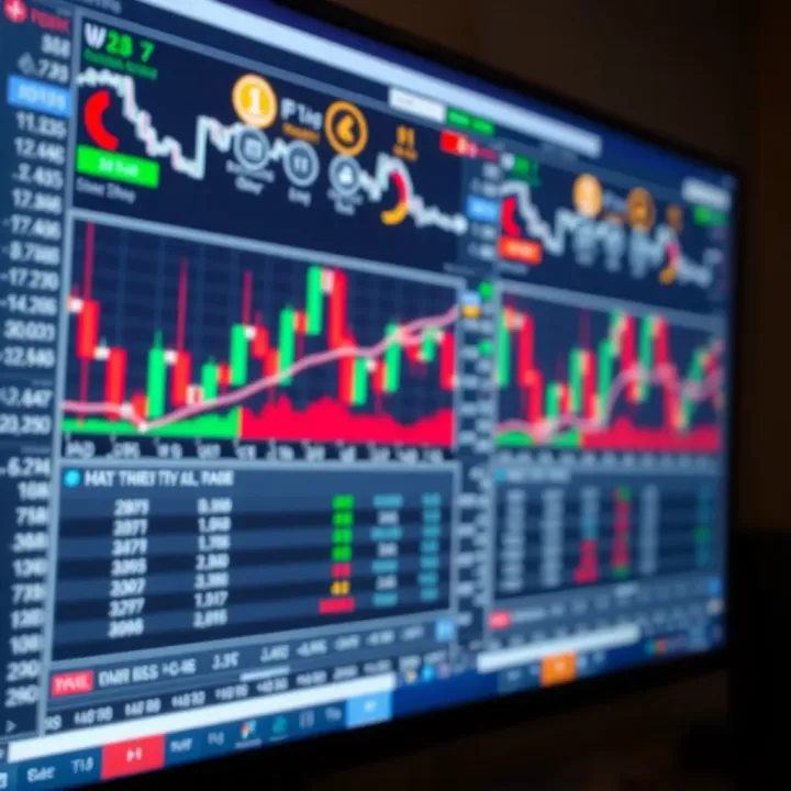 Computer screen displaying forex trading platform with charts and analytics