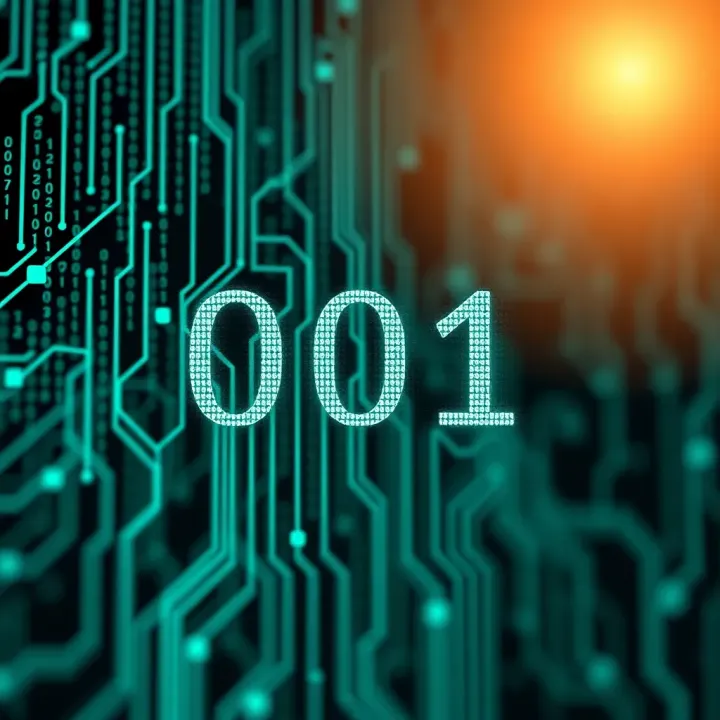 Diagram illustrating the binary numeral system with 0s and 1s on a digital circuit background
