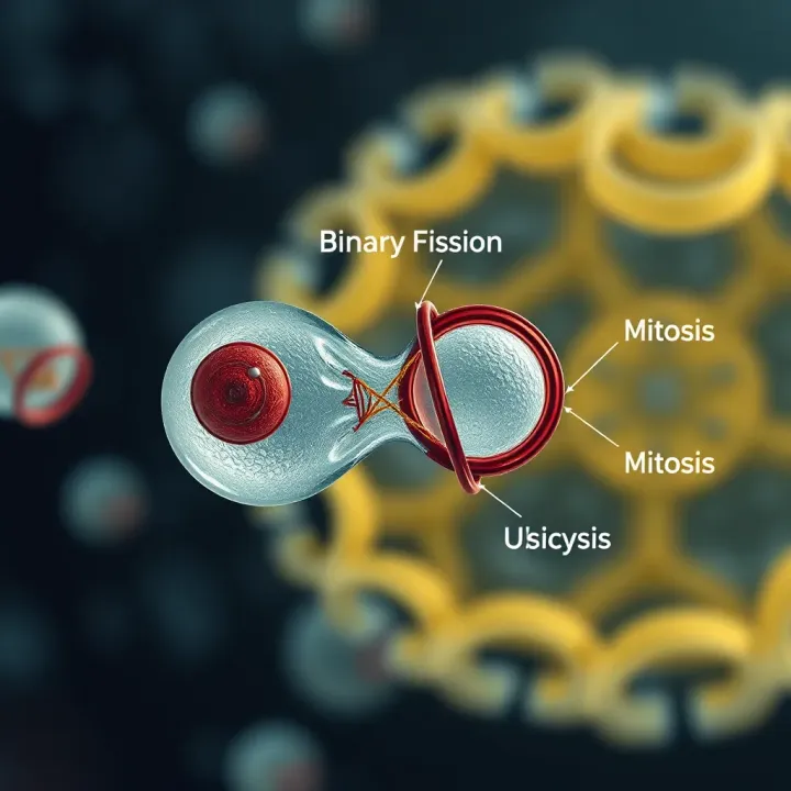 Diagram showing the stages of binary fission in a single-celled organism with DNA replication and cell division