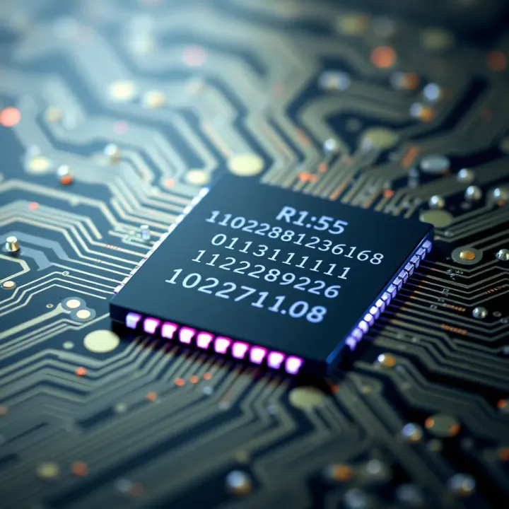 Visual representation of a computer chip demonstrating the flow of binary code within digital circuits