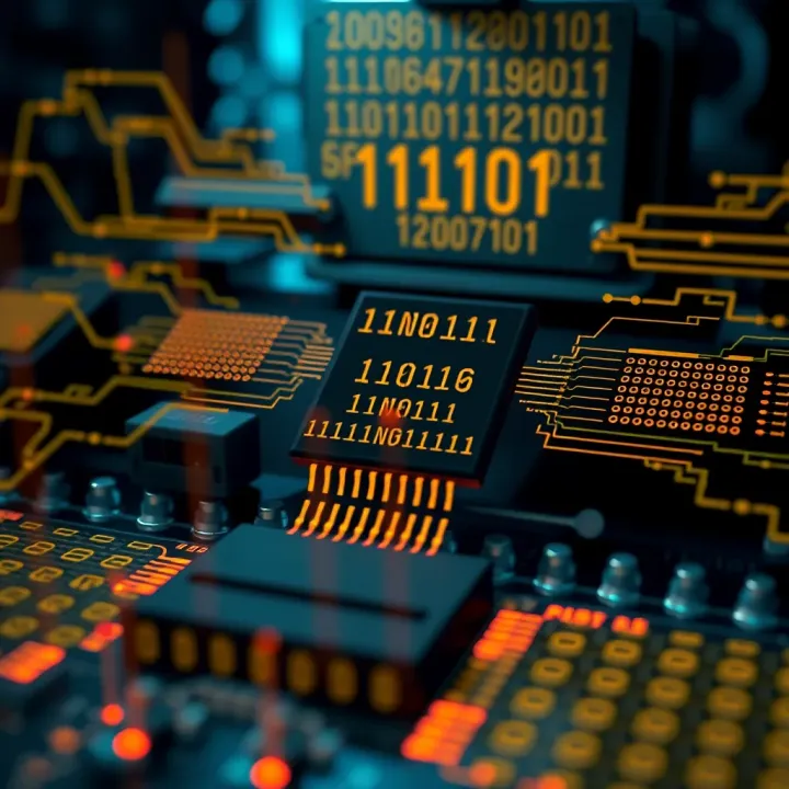 Binary Signals Driving Digital Operations in Computing Visualization of a computer chip highlighting the flow of binary signals controlling digital operations