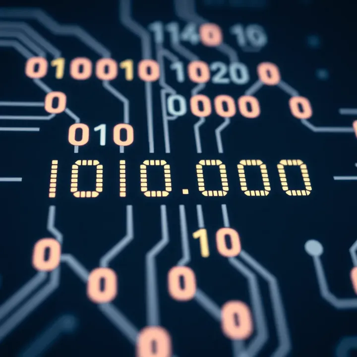 Illustration of binary digits represented by ones and zeros connected in a digital circuit layout