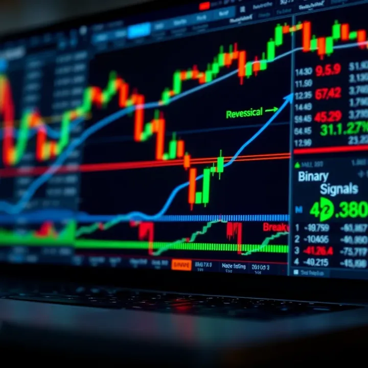 Graphic showing different types of binary options signals such as trend, reversal, and breakout signals on a trading chart
