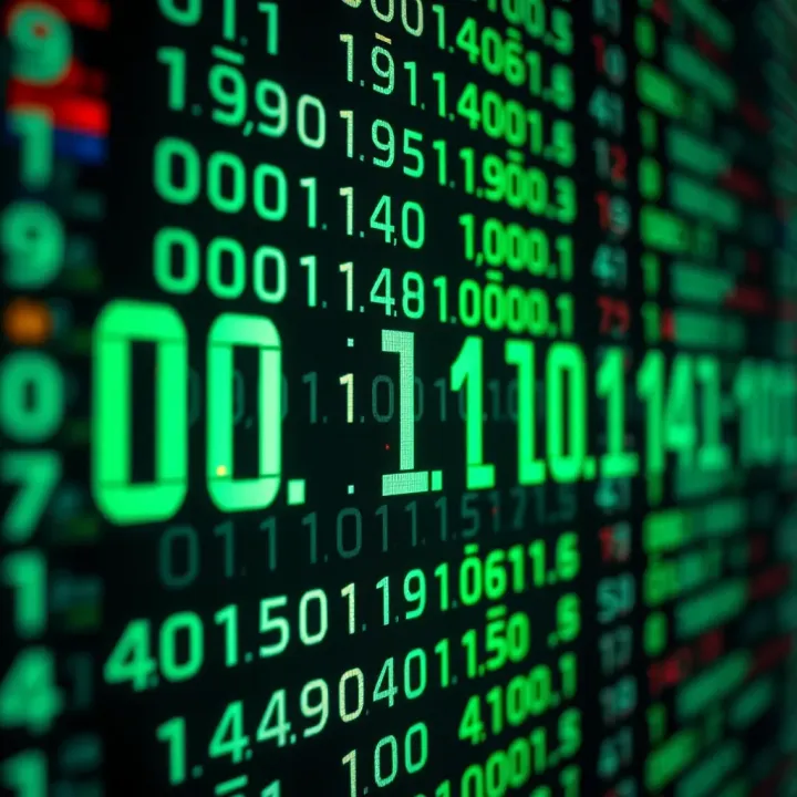 Visual representation of binary numbers being decoded into readable text with digital data symbols