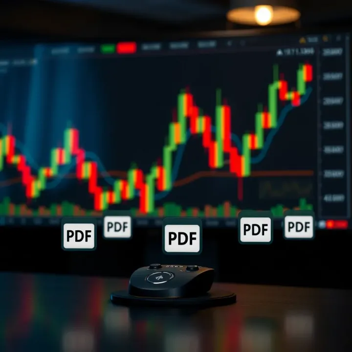 Advanced Candlestick Patterns and Reference Guides Illustration of advanced candlestick patterns highlighting potential market signals with PDF guide icons