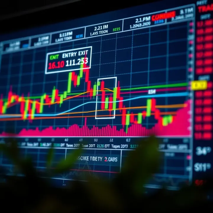 Visual representation of trading strategies incorporating chart patterns with overlays highlighting entry and exit points