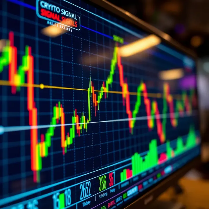 Graph showing various crypto trading signals on a digital screen