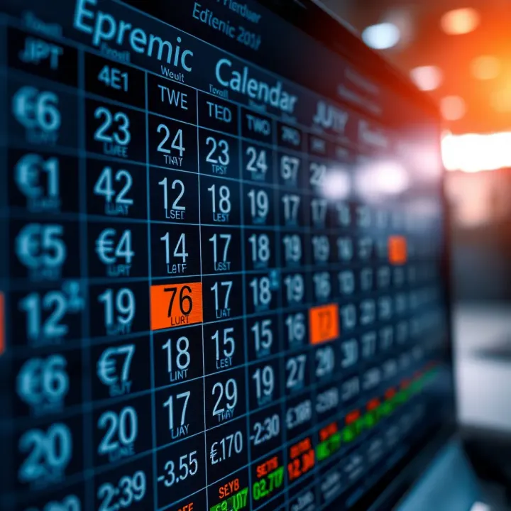 Forex Economic Calendar Highlighting Key Economic Events Calendar highlighting upcoming economic events with currency symbols indicating market impact