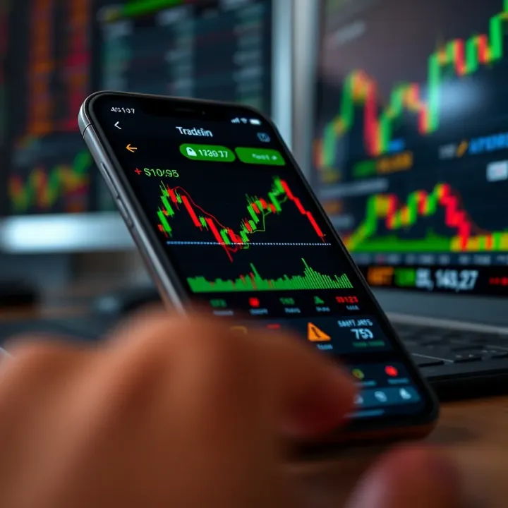 Mobile device displaying forex trading application interface with currency exchange charts and data