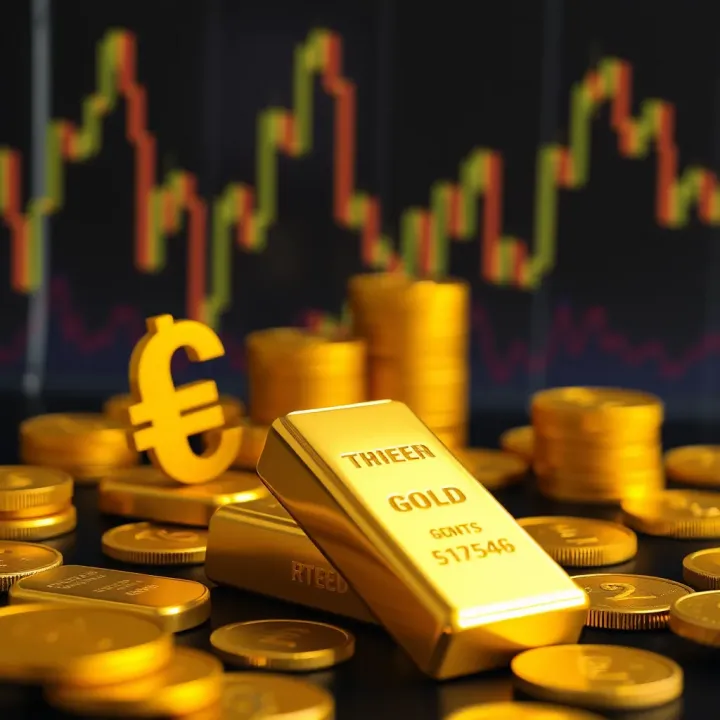 Gold bar and currency symbols representing forex trading dynamics
