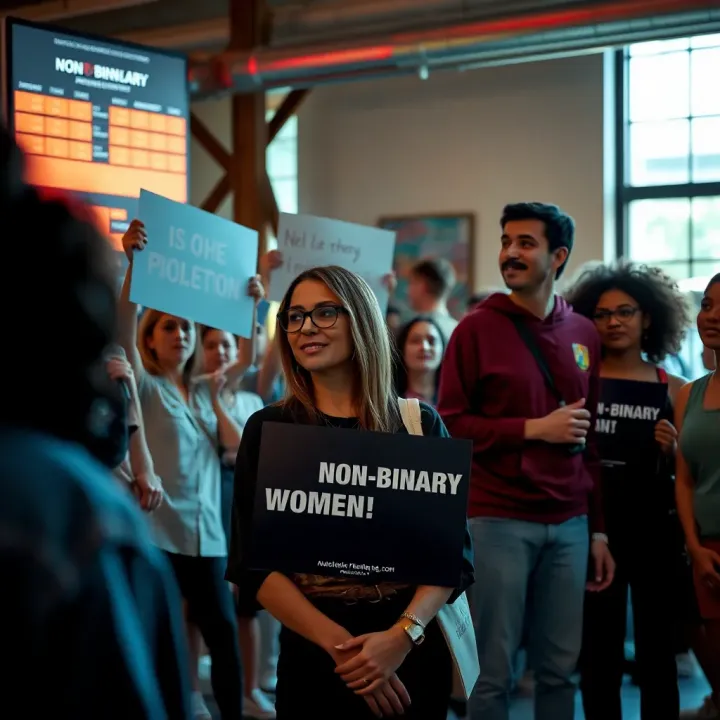 A community gathering with supportive individuals holding signs of inclusion and acceptance in a cultural setting