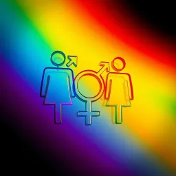 Colorful gender symbols intertwined with a rainbow background representing diverse identities beyond the binary