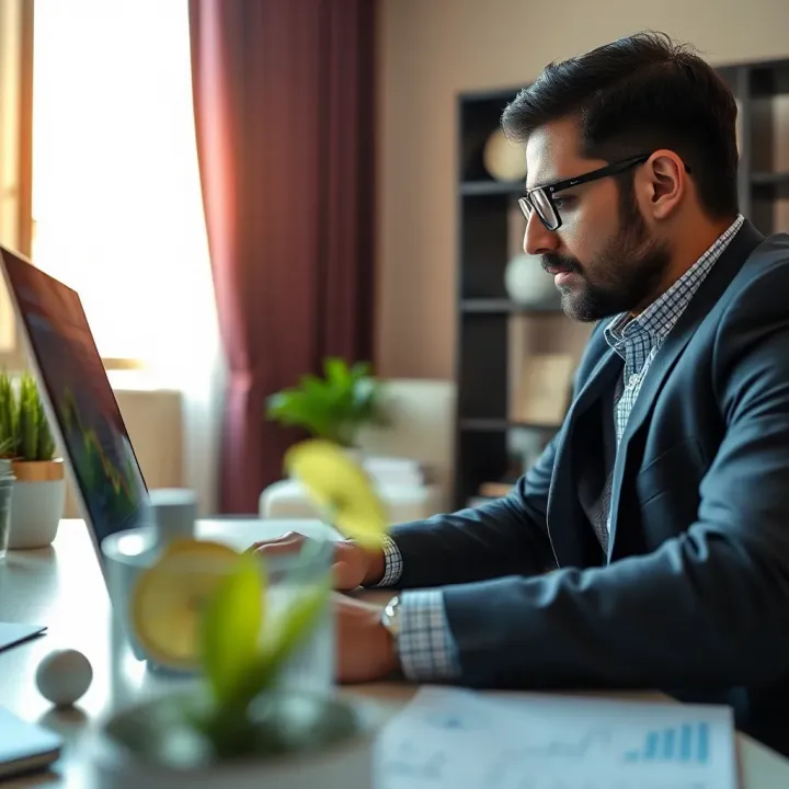 Investor analyzing real-time financial data on a laptop with charts and market updates