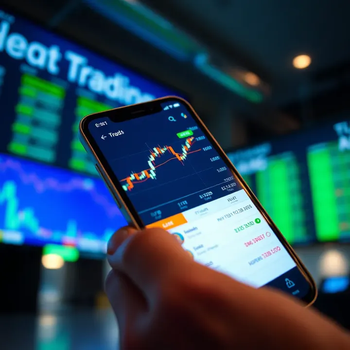 Mobile phone displaying a stock trading app interface with graphs and trade options