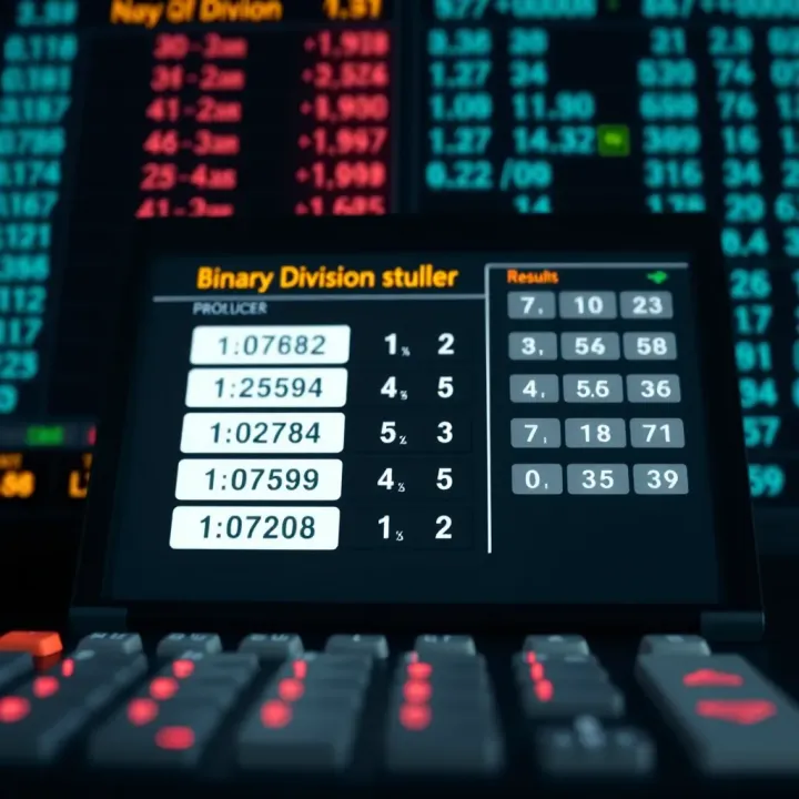 Screenshot of a binary division calculator displaying the division process and results